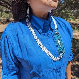 Navajo Handmade Beaded Necklace‎ Earrings Set Historical Rug Design ***